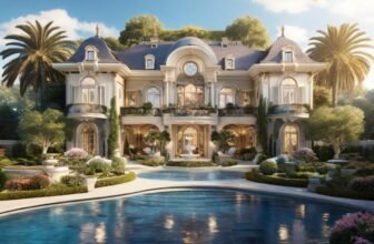 Developing an Abundance Mindset: Immerse yourself in the world of abundance with an interesting and detailed rendering of a luxurious mansion, complete with sprawling gardens, sparkling pools, and all the riches one could ever desire