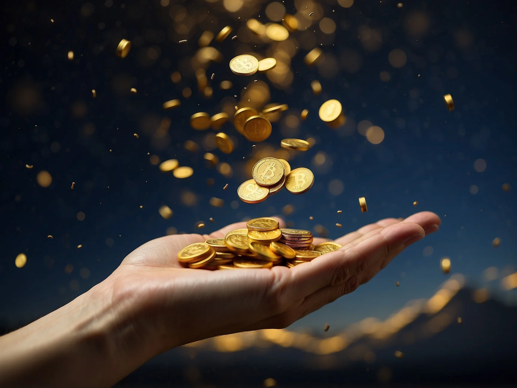 Money Affirmations: Golden coins raining down from the sky onto an open hand reaching up