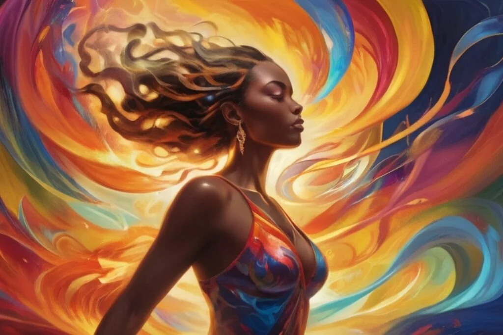 A diverse and visually striking depiction of a woman in deep concentration, surrounded by a vibrant and dynamic flow of energy and wealth.