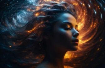 Unlocking the Universe The Essential Principles of Manifestation - image describing the Waves of energy swirling around a human head, in concentrating state that showcases the dynamic interplay between the human mind and the mystical energy of the universe.