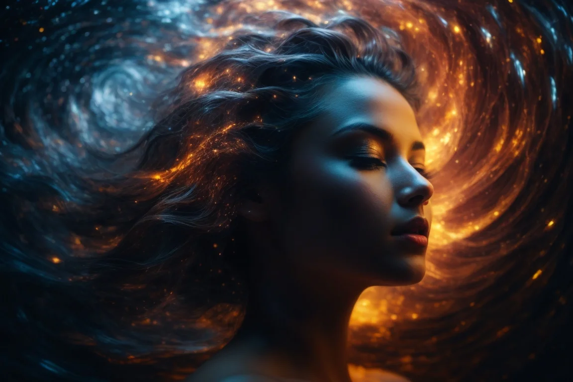 Unlocking the Universe The Essential Principles of Manifestation - image describing the Waves of energy swirling around a human head, in concentrating state that showcases the dynamic interplay between the human mind and the mystical energy of the universe.
