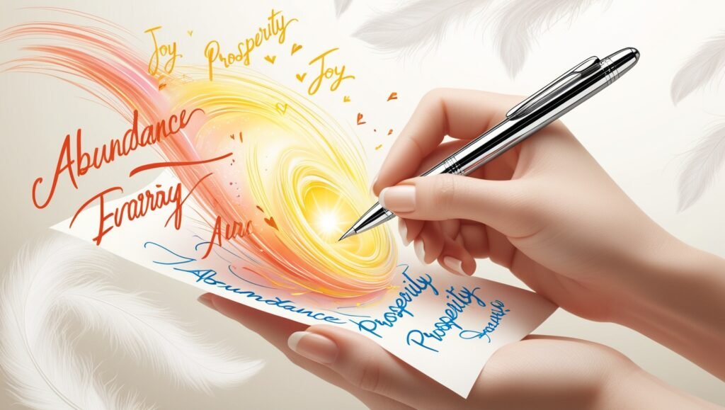 Scripting your reality through manifestation Pen in hand writing 20 word script positive saying with flows of energy