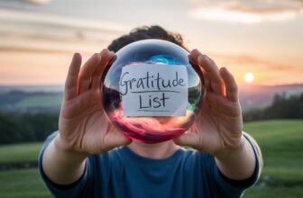 A person holding up a glass ball With a piece of paper with the words Gratitude List written on it.