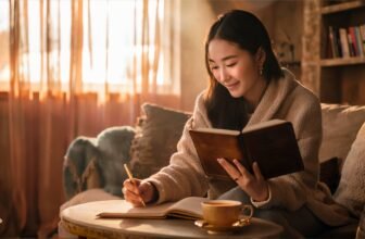 A young woman,dressed in cozy attire, sits on a plush sofa, immersed in writing her thoughts in a luxurious leather-bound Gratitude Journal. Her golden pen glistens as it moves gracefully across the pages. A look of contentment and peace washes over her face practicing gratitude journaling