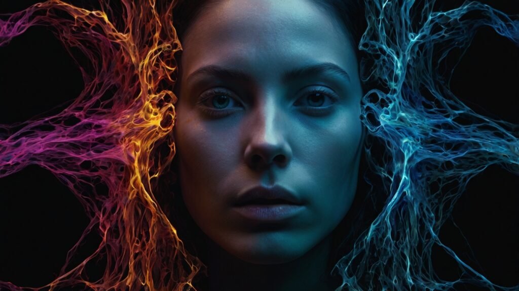 Digital art portrait featuring a close-up of a woman's face centered in the frame. Surrounding her face is an intricate, web-like pattern of vibrant colors, with fiery reds and oranges on the left side and cool blues and teals on the right. Summarizing how to raise you vibration to unlock manifestation