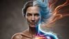 a middle-aged woman with a strikingly detailed and realistic appearance. Her skin is a medium tone with visible wrinkles, adding to the lifelike quality. The woman's hair is vibrant with fiery orange and blue hues, giving a dynamic and ethereal effect. Showcasing how raising vibration can change our apprence. The background is a gradient of dark, muted colors, which contrasts with the bright, electric energy emanating from her head, chest and shoulder area. The energy appears as a mix of glowing, colorful light and lightning-like patterns, adding a sense of power and mystique to the image.