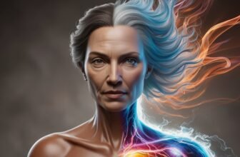 a middle-aged woman with a strikingly detailed and realistic appearance. Her skin is a medium tone with visible wrinkles, adding to the lifelike quality. The woman's hair is vibrant with fiery orange and blue hues, giving a dynamic and ethereal effect. Showcasing how raising vibration can change our apprence. The background is a gradient of dark, muted colors, which contrasts with the bright, electric energy emanating from her head, chest and shoulder area. The energy appears as a mix of glowing, colorful light and lightning-like patterns, adding a sense of power and mystique to the image.