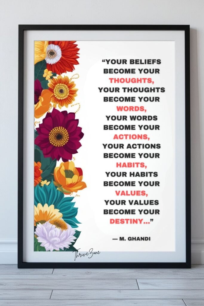life quote in a frame : "Your beliefs become your thoughts, your thoughts become your words, your words become your actions, your actions become your habits, your habits become your values, your values become your destiny."