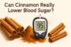 High-quality digital illustration of fresh cinnamon sticks, cinnamon powder artistically arranged around a blood glucose meter, bright warm lighting, clean minimalist background, health & wellness style, eye-catching composition. with caption "Can Cinnamon Really Lower Blood Sugar?"