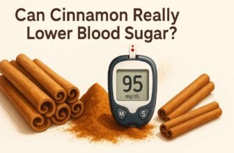 High-quality digital illustration of fresh cinnamon sticks, cinnamon powder artistically arranged around a blood glucose meter, bright warm lighting, clean minimalist background, health & wellness style, eye-catching composition. with caption "Can Cinnamon Really Lower Blood Sugar?"