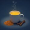 digital illustration of a warm mug of golden milk glowing slightly in a nighttime setting, with turmeric powder and cinnamon sticks next to it, soft cozy lighting, minimal background, health and wellness vibe.