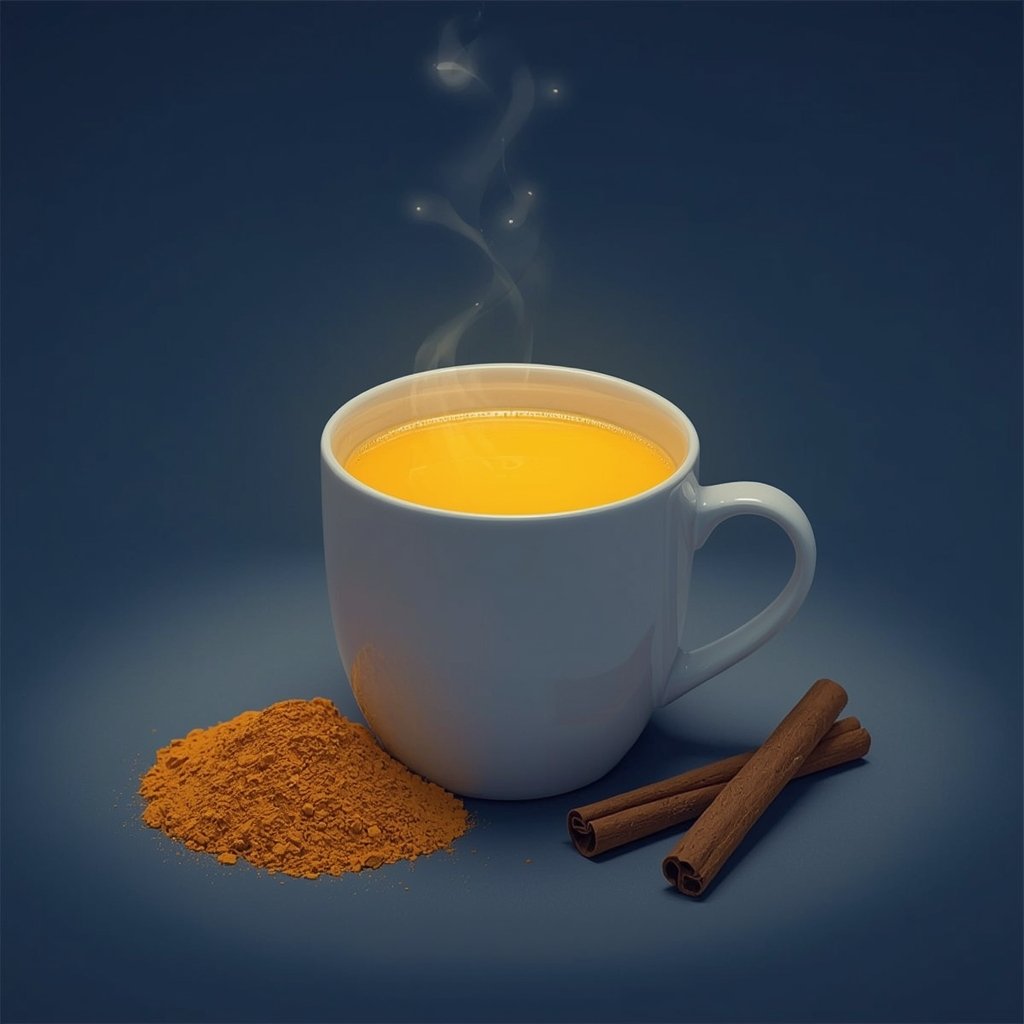 digital illustration of a warm mug of golden milk glowing slightly in a nighttime setting, with turmeric powder and cinnamon sticks next to it, soft cozy lighting, minimal background, health and wellness vibe.